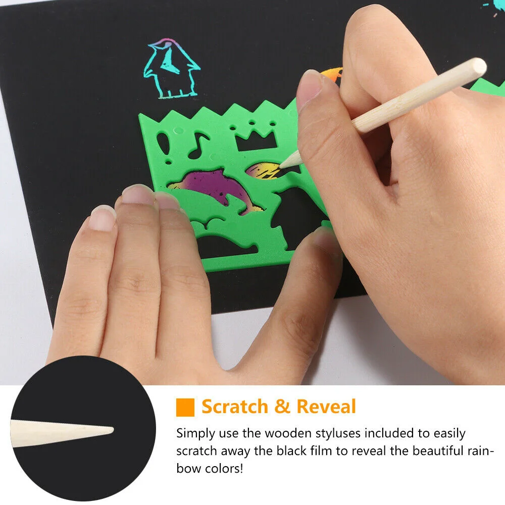 

Magic Color Rainbow Scratch Art Paper Card Set With Graffiti Stencil For Drawing Stick Diy Art Painting Toy For Students 50pcs