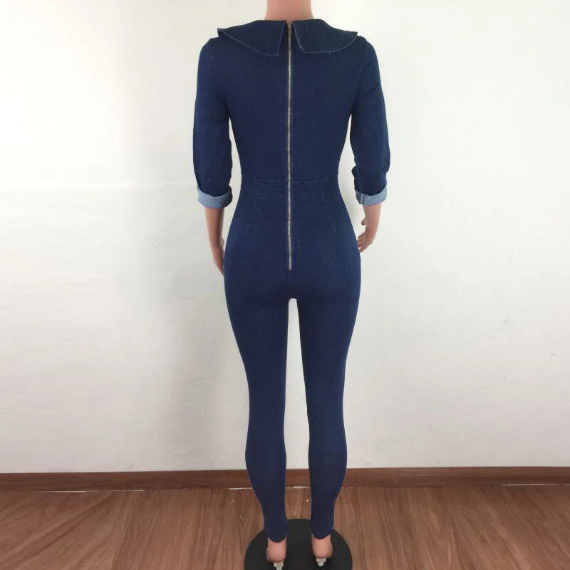 

Casual One Piece JUMPSUIT Jeans Women Sexy Bandage Lace Up Tie V Neck Denim Rompers Back ZIPPER Night Club Long Pants Bodycon