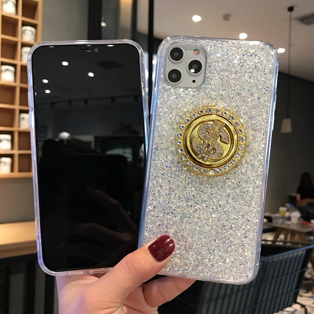Роскошный чехол для iPhone 11 Pro Max 3D блеск оригинальные вращающиеся монета клей ТПУ 6s
