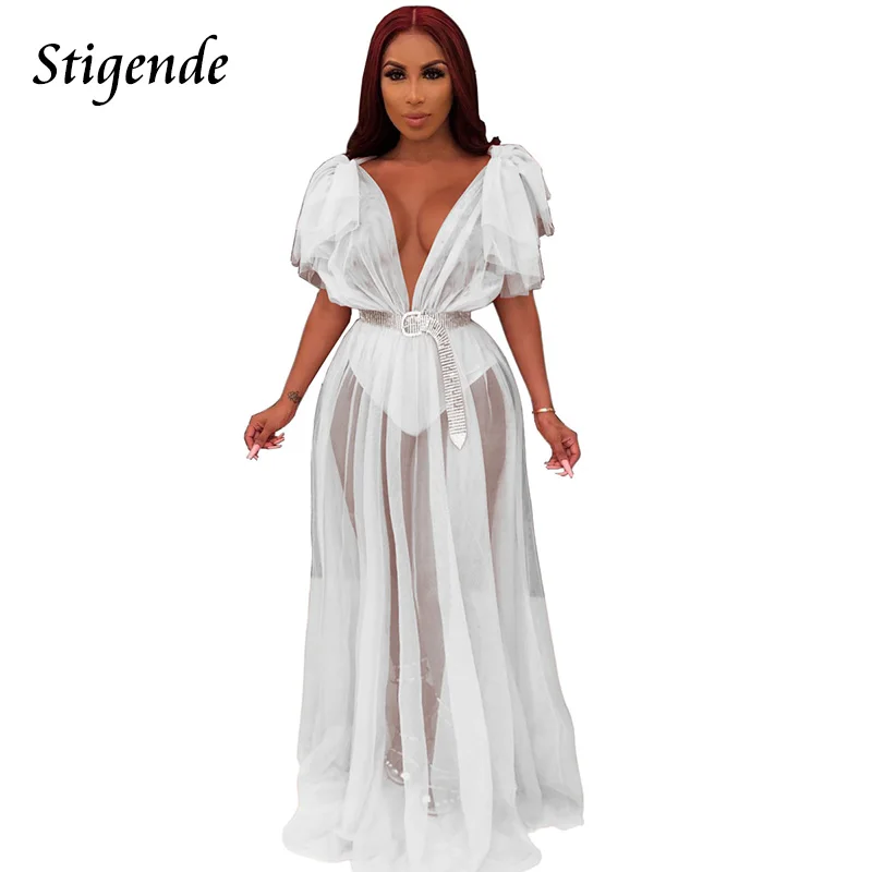 Женское Прозрачное платье макси с рюшами длинным рукавом и глубоким V образным