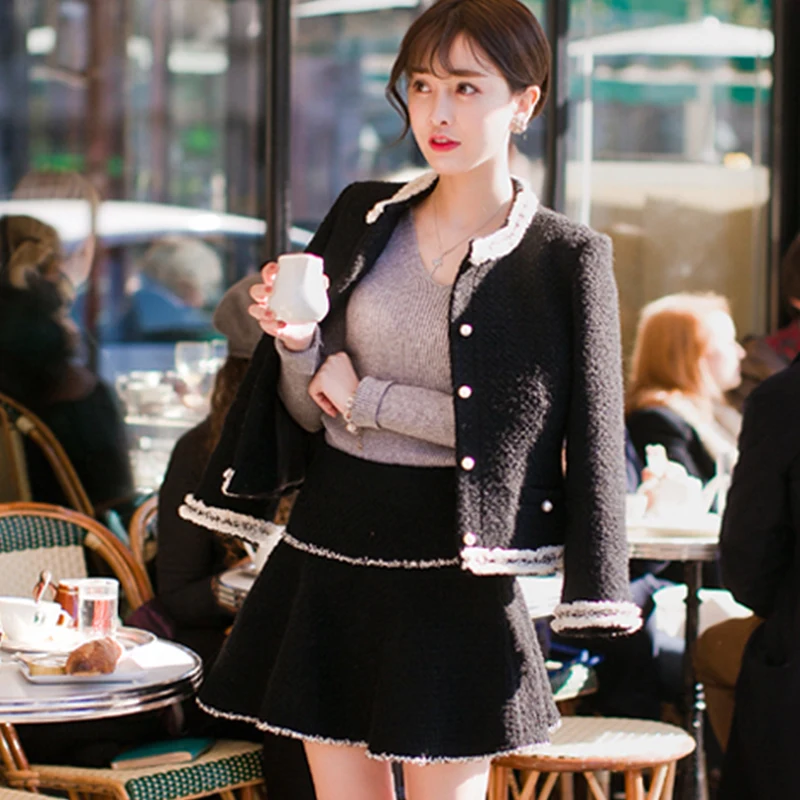 Комплект одежды из 2 предметов для женщин однобортный шерстяной твидовый пиджак