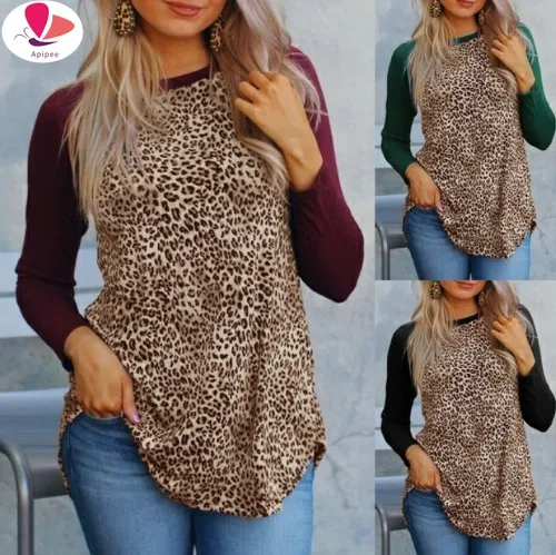 

Женская блузка с длинным рукавом, круглым вырезом и леопардовым принтом