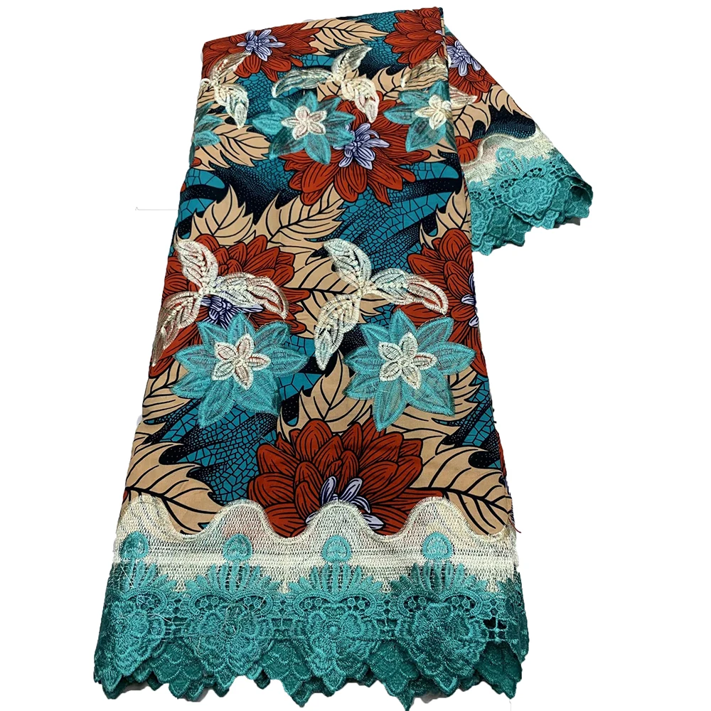 

High Quality African Wax Prints Fabric 6 Yards With Embroidery Nigerian Guipure Lace Cord Ghana Ankara Sewing For Dress Women