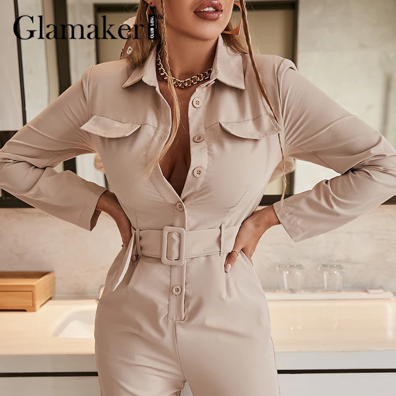 

Glamaker office ladies pocket long sleeve jumpsuit Women elegant fashion buttons Apricot playsuit with belt Casual overalls 2021