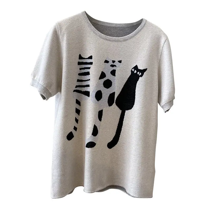 

Love this one! 2021 new jacquard cat retro lazy loose thin knitting short sleeve T-shirt