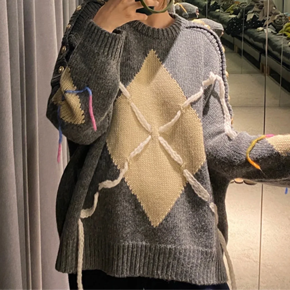 

Женский свитер свободного покроя, Модный пуловер в стиле пэчворк в корейском ретро-стиле на осень и зиму, 2021