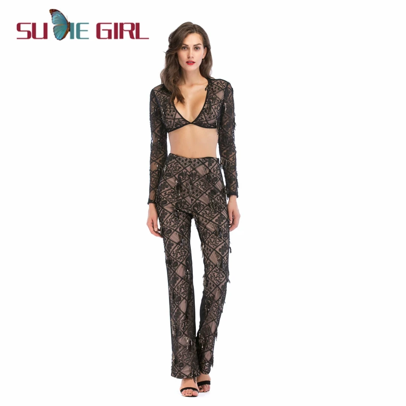 

SUDIE Girl Women's V-neck long-sleeve two-piece sequin jumpsuit, sexy black slim high waist jumpsuit for ladies