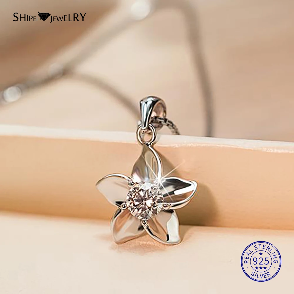 Женский кулон с цветком из белого сапфира Shipei 100% Стерлинговое Серебро 925 пробы