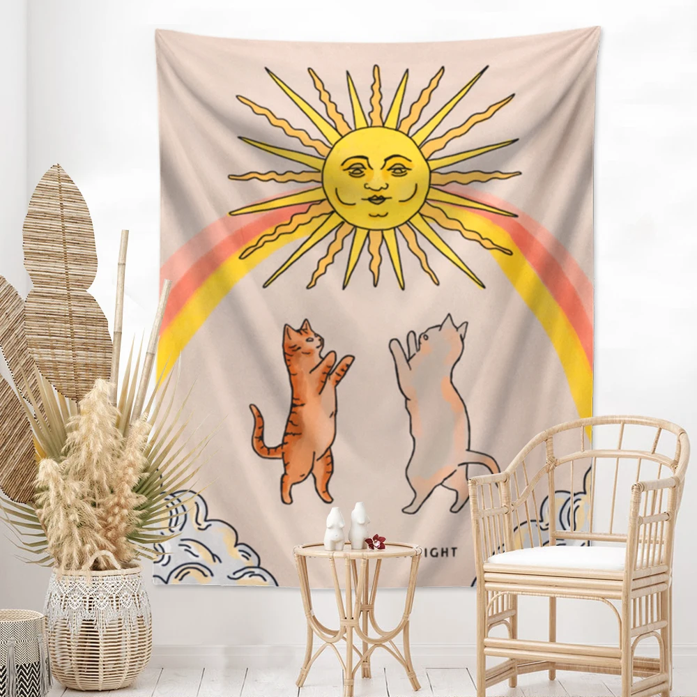 Настенный гобелен в виде милого кота и солнца гобелены с радужным солнечным
