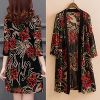 2021 summer womens plus size lace cardigan printed mid length shawl thin middle aged women air conditioned shirt jacket y256