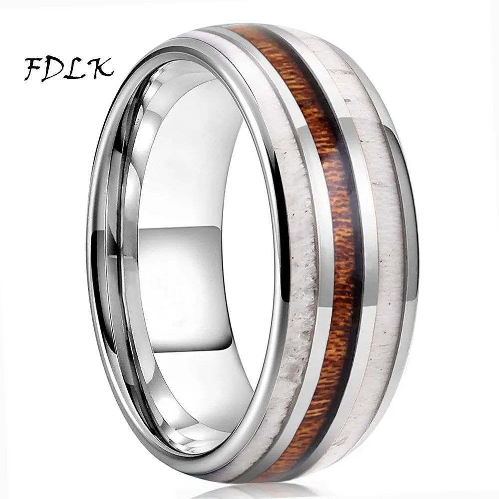 

Simple 8mm Men's Silver Color Stainless Steel Ring Koa Wood Deer Antler Inlay Dome Engagement Ring Men's Wedding Band Jewelry