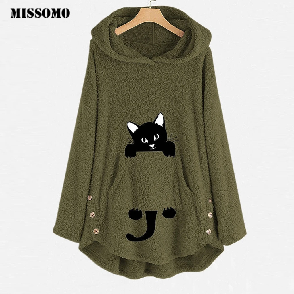 MISSOMO 5XL Женские топы с вышивкой в виде кошки тёплая Толстовка большого размера