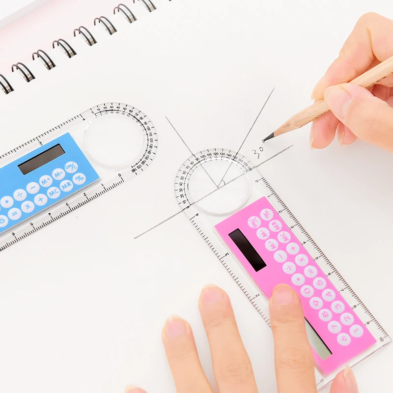 

3 In 1 Mini Arithmetic Ruler with Solar Energy Calculator Magnifier Function Multifunctional Stationery Portable Measuring Tools