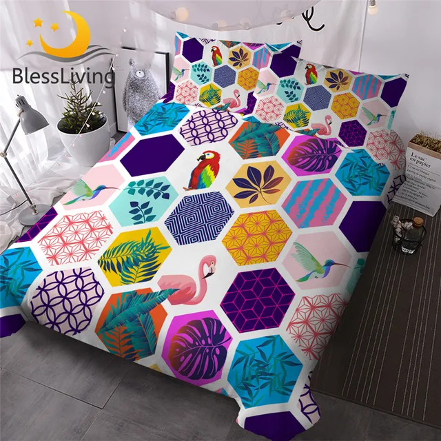 BlessLiving Geometric Bedding Tropical Leaf Duvet Cover 3 Pieces Parrot Flamingo Colorful Bedspread Exotic Bed Set Dropshipping 1