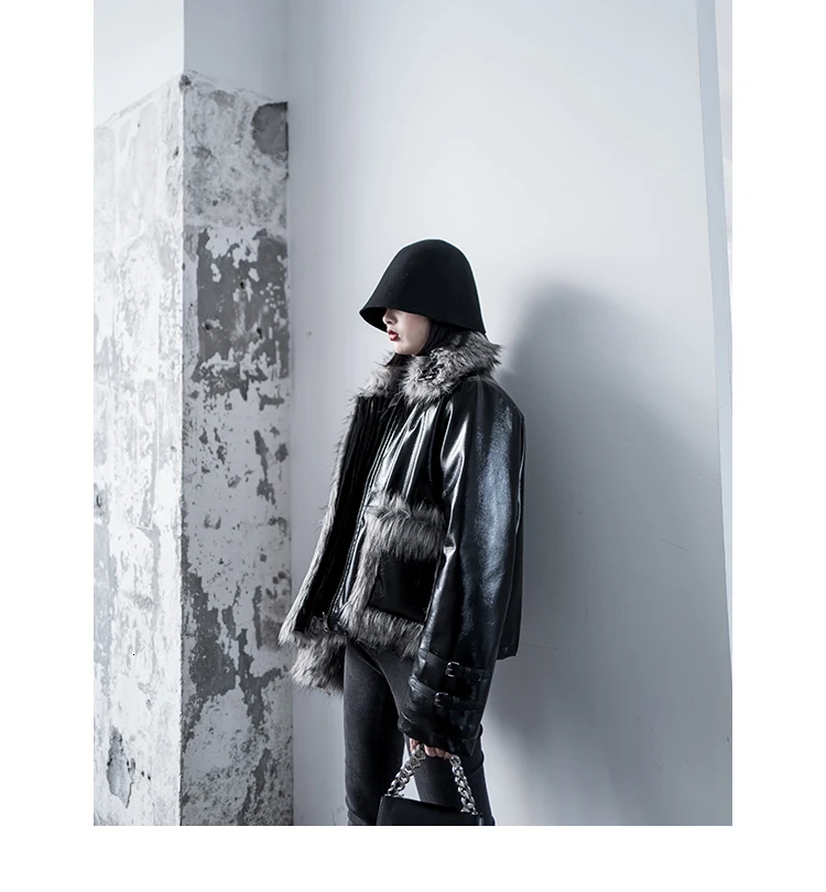 [DEAT]Loose Fit Leather Spliced Hit Color Warm Woolen Coat Parkas New Lapel Long Sleeve Women Fashion Autumn Winter 13E858