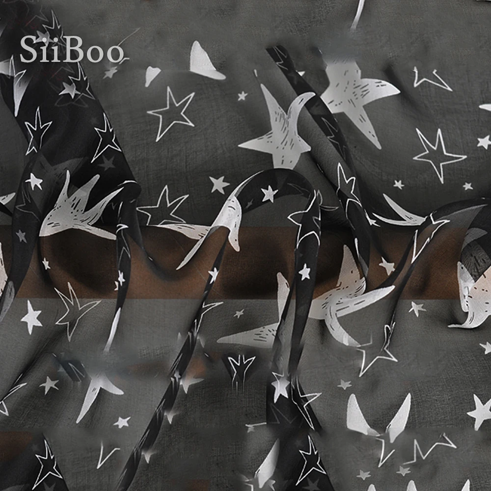 Black white star print 100% natural silk chiffon fabric for beach dress pure tissu telas tecidos stoffen fabrc 6mm SP5192 | Дом и сад
