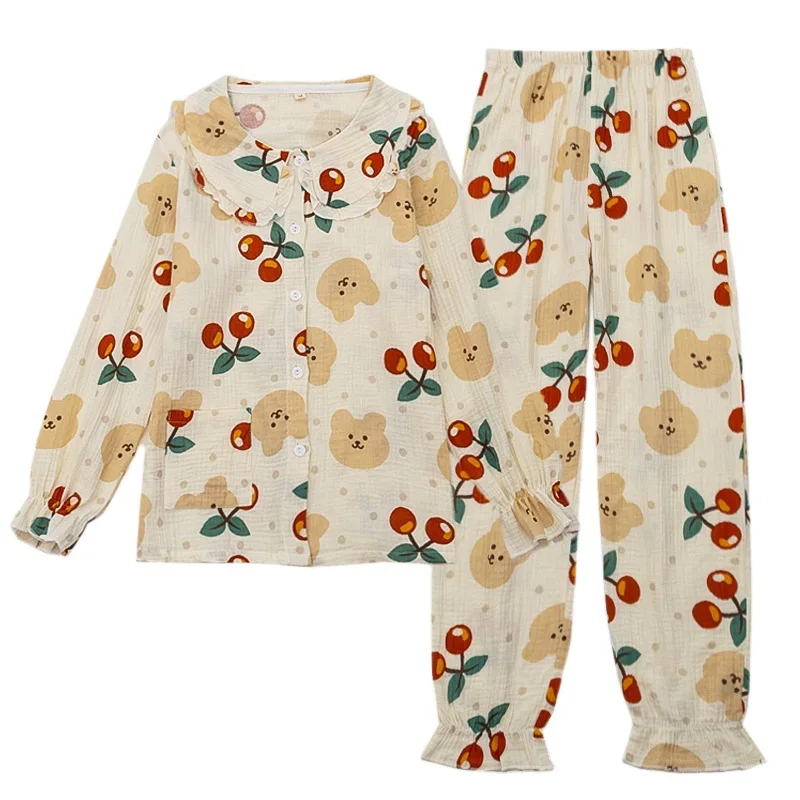 

Cherry Bear Crepe Cloth Doll Collar Home Service Double Gauze Woven Long-sleeved Trousers Cartoon Pajamas Bielizna Damska Pj