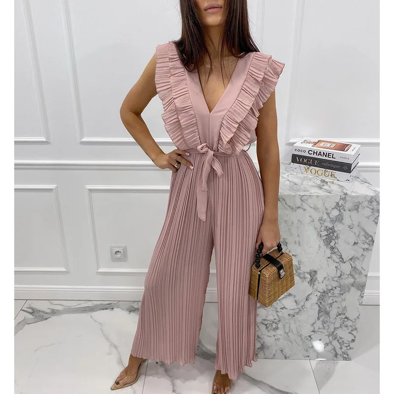 

Fashion Summer V Neck umpsuits Women Elegant Tie Belt Cascading Folds JJumpsuit Women Full Length Wide Leg Jumpsuits Ladies