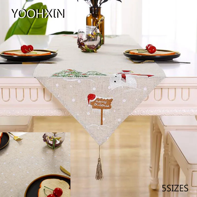 

Europe beige Christmas snowman art Embroidery bed Table Runner flag cloth cover Lace tablecloth mat kitchen party decor