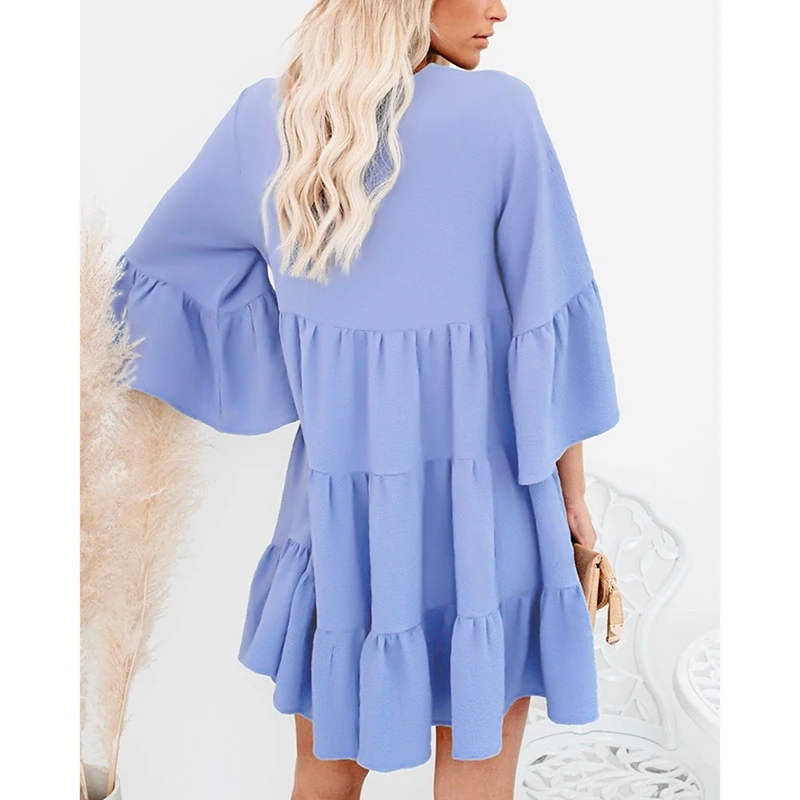 

Women's Babydoll Tunic Dress V Neck 3/4 Sleeve Ruffle Sundress Casual Loose Swing Mini Dresses