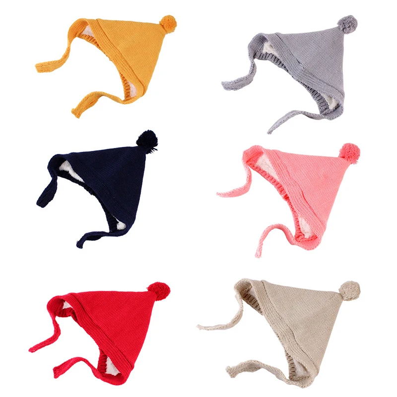 Вязаная зимняя детская шапка с помпоном хлопковая вязаная со шнуровкой для детей