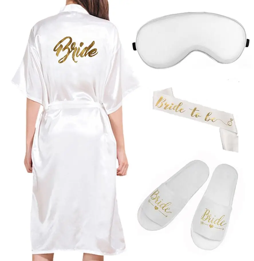 4 шт. комплект свадебного халата eyemask тапочки sash кимоно для невесты Свадебный