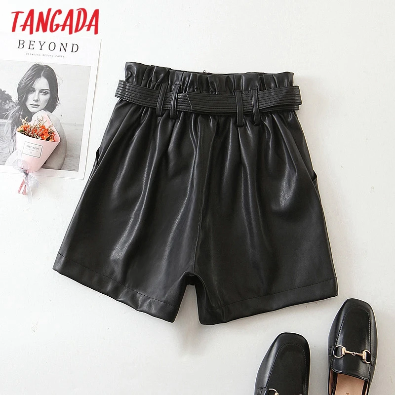 

Tangada 2020 autumn winter women black faux leather shorts with belt strethy waist pockets female retro casual shorts HY249