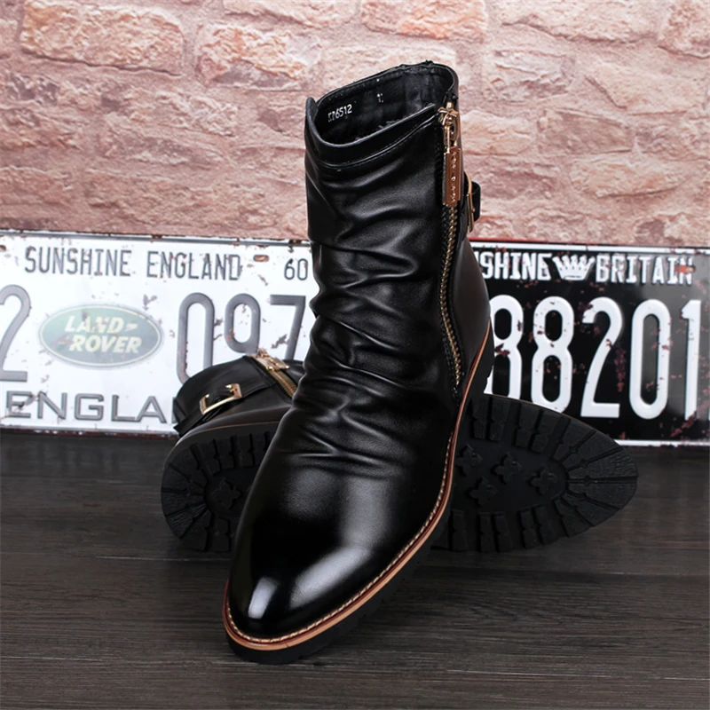 Новинка Зимние ботинки Мужские кожаные Цвет Черный С острым носком Бархатные