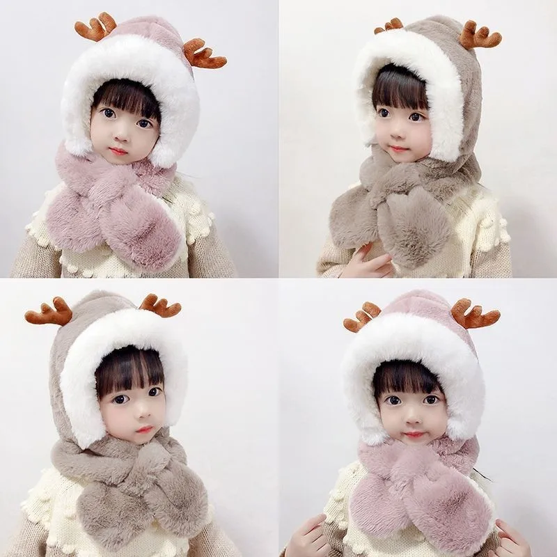 

New Winter Childen Novelty Beanies Caps Girls Warm Cute Reindeer Antlers Hat Casual Plush Hat Scarf Set Casual Kids Caps Present
