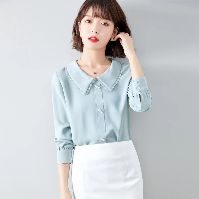 

Houthion New Long Sleeve Women Blouse Pearl Button Lapel Chiffon Top Korean Fashion Blouses Comfortable Casual Shirt