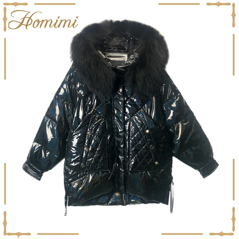 

Homimi 2020 New Winter Coat Women Bomber Jacket Thick Warm Overcoat Shiny Feather Down Hooden Coat Fur Collar Duck Down Parka
