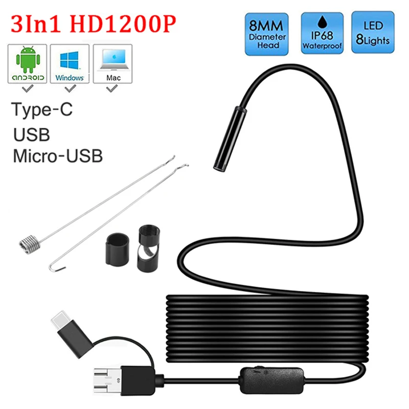8 шт. Светодиодная лампа 8 мм объектив камера HD1200P IP68 Жесткая гибкая трубка Mirco USB Type-C бороскоп видео осмотр для Android эндоскоп