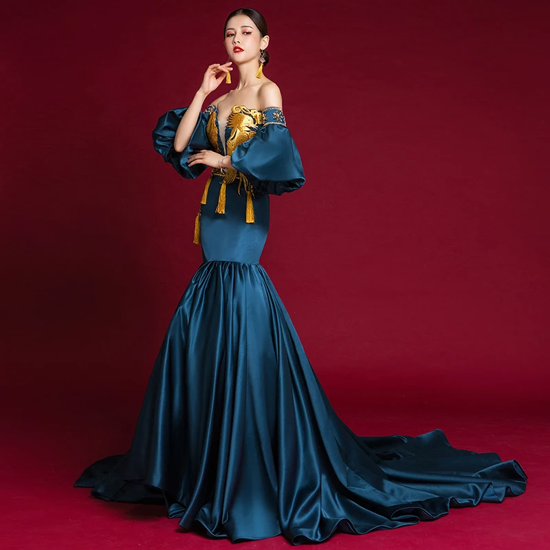 

Женское винтажное платье с рукавами-пузырьками, синее платье с вышивкой Русалочки, драматическая сцена, свадебное платье, Антуанетта, опера