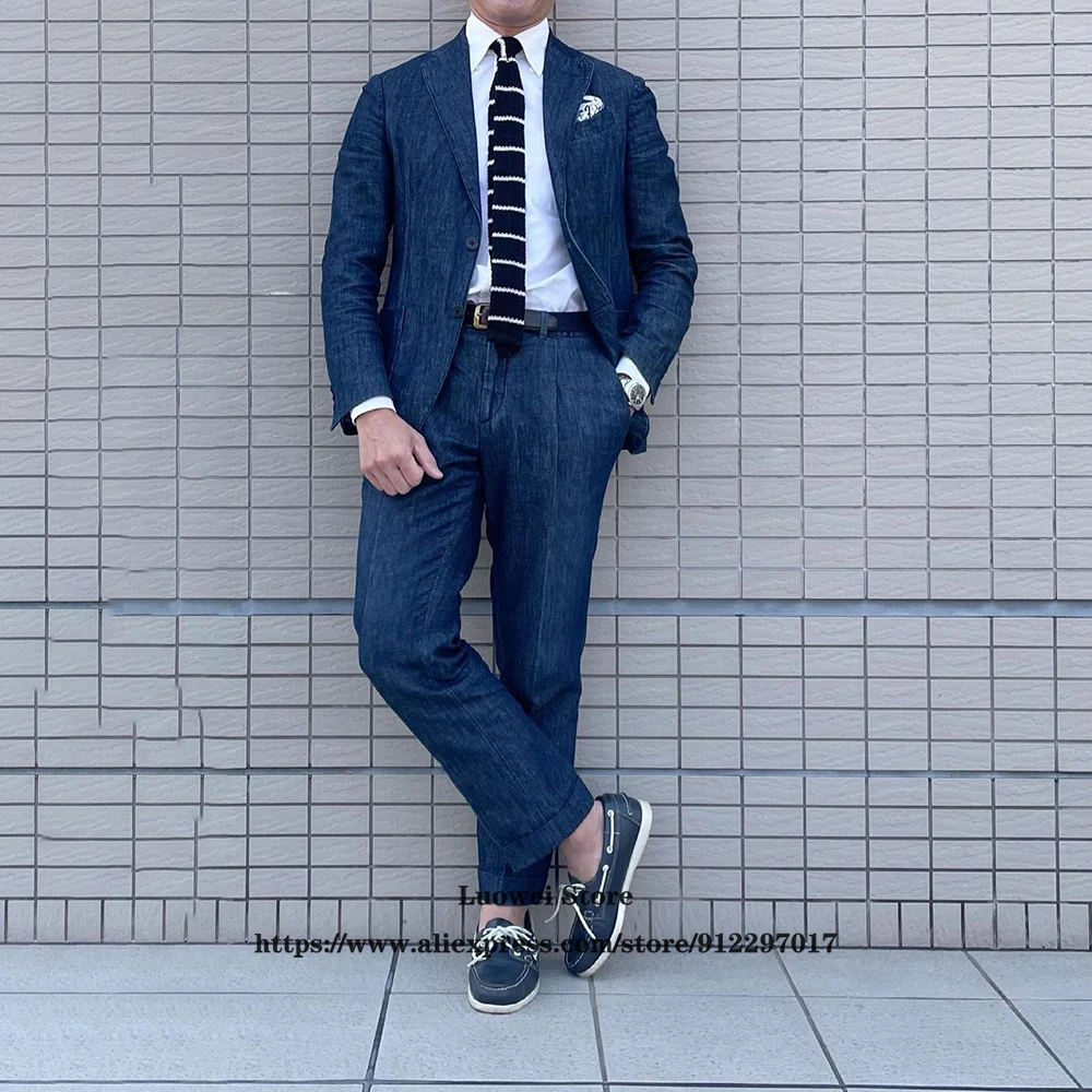 

Модные повседневные мужские костюмы из джинсовой ткани для жениха, свадебный смокинг, комплект из 2 предметов, пиджак и брюки, официальный д...