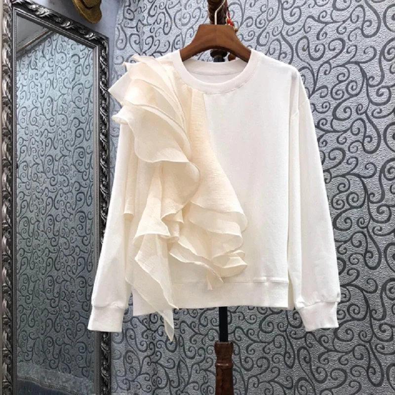 

New Arrival Sweatshirts 2021 Autumn Winter Pullovers Women Ruffle Floral Deco Long Sleeve White Grey Black Casual Outwear Ladies