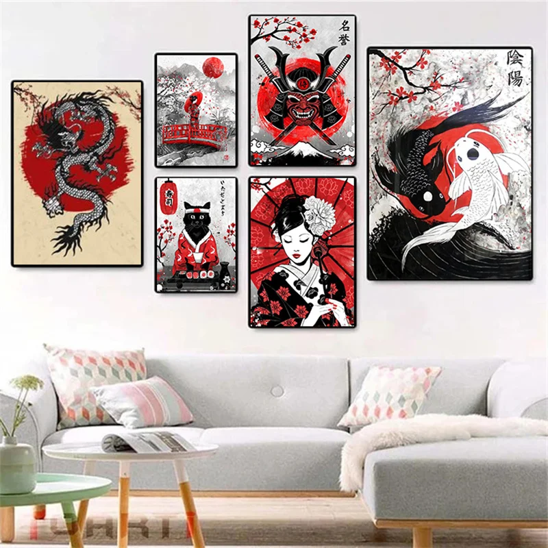 

Japanese Geisha and Kanagawa Ukiyo-e Giant Wave Canvas Painting Sushi Ramen Posters Prints Noodle Wall Art Picture Decoration