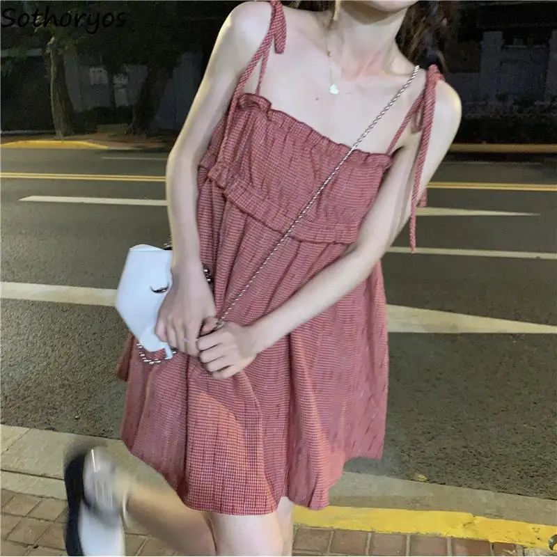 

Women Sleeveless Dresses Plaid Retro Mini Bandage Sweet Girls Slender Korean Style Hipster Teenagers Females All-match Popular