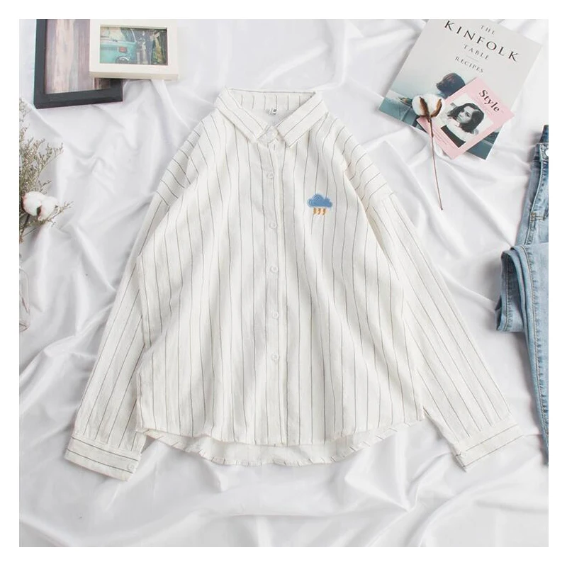 2019 Женская полосатая блузка в стиле каваи с вышивкой Луны корейские женские топы