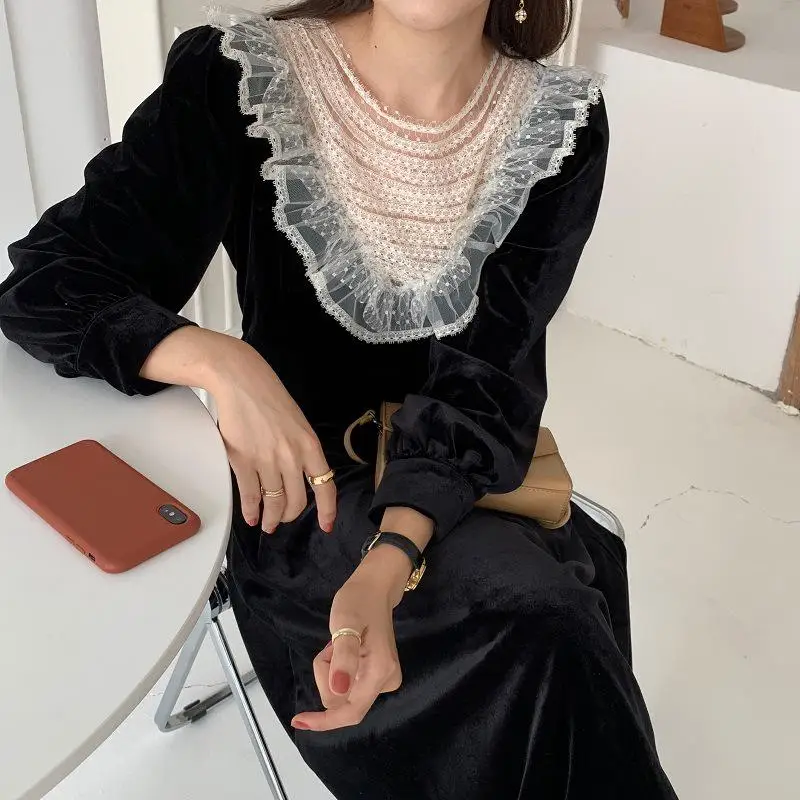 

Fall Winter Womens O Neck Mesh Lace Patchwork High Waisted Elegant Velvet Dress Long Sleeve Black Long Velour Dresses For Women