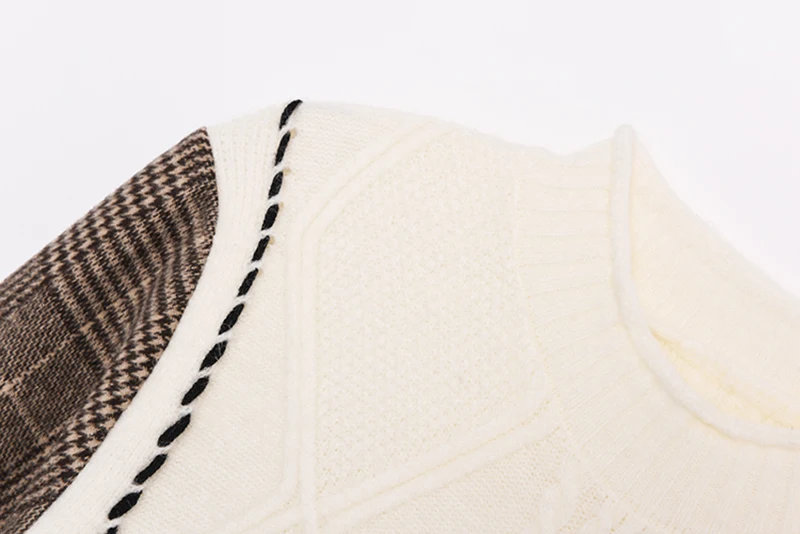 

[EAM] Women White Knitting Plaid Spliced Blouse New Round Neck Long Sleeve Loose Fit Shirt Fashion Spring Autumn 2021 1DD6898