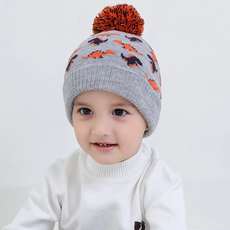 Детская осенне зимняя шапка с рисунком динозавра для маленьких мальчиков и