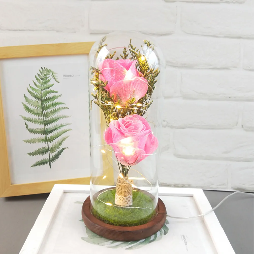 

Romantic Immortal Flower Micro Landscape Rose Simulation Glass Shade Led Llight Artificial Rose Flower Everlasting Decoration