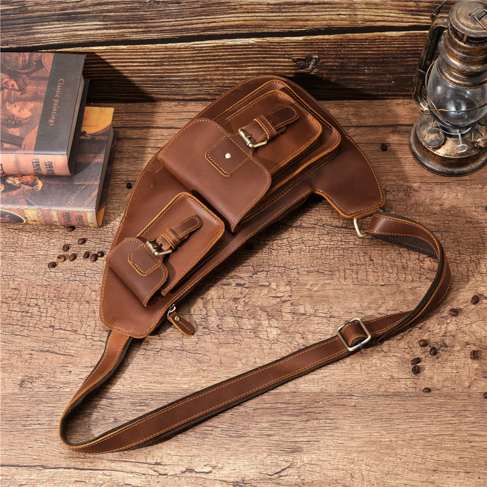Genuine Leather Men's Chest Bag Top Layer Cowhide Shoulder Bag Fashion Casual Sports Messenger Large Capacity Mobile Phone Bag