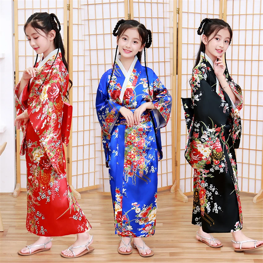 

Bazzery Children Kimono Traditional Japanese Style Peacock Yukata Dress for Girl Kid Cosplay Japan Haori Costume Asian Clothes
