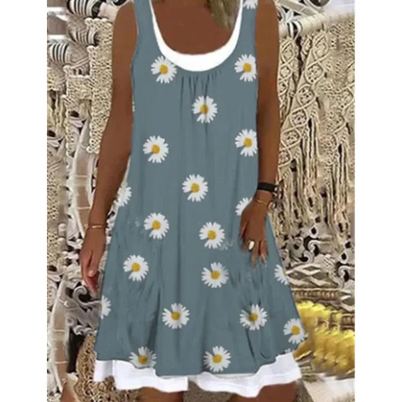 

Bohemian Women Dress Floral Print Daily Casual Sleeveless Fake Two Pieces O-Neck Dress Summer Sleeveless Beach Dresses