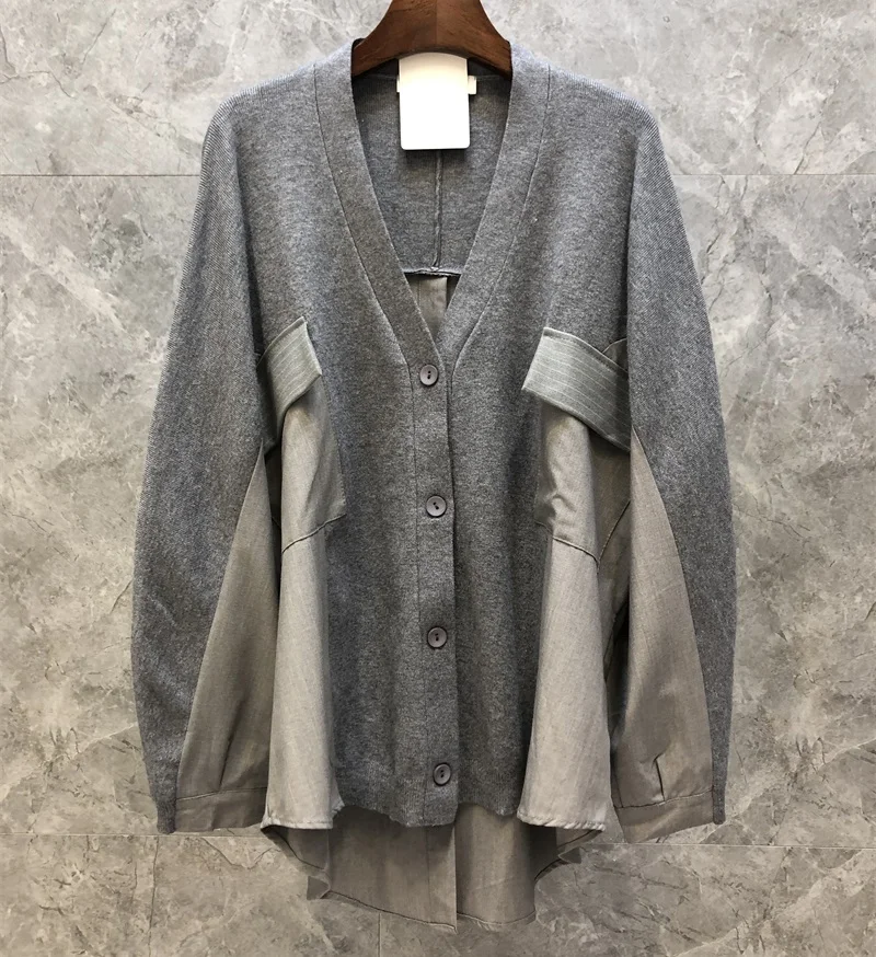 

Tops Fashion Sweater Cardigan 2021 Autumn Winter Casual Clothing Women V-Neck Color Block Patchwork Back Button Loose Tops Coat