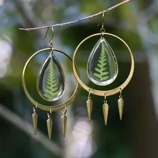 

Green Earrings- Fern Earrings In Resin,real Forest Fern Earrings | Preserved Fern Leaves Under Layer of Resin