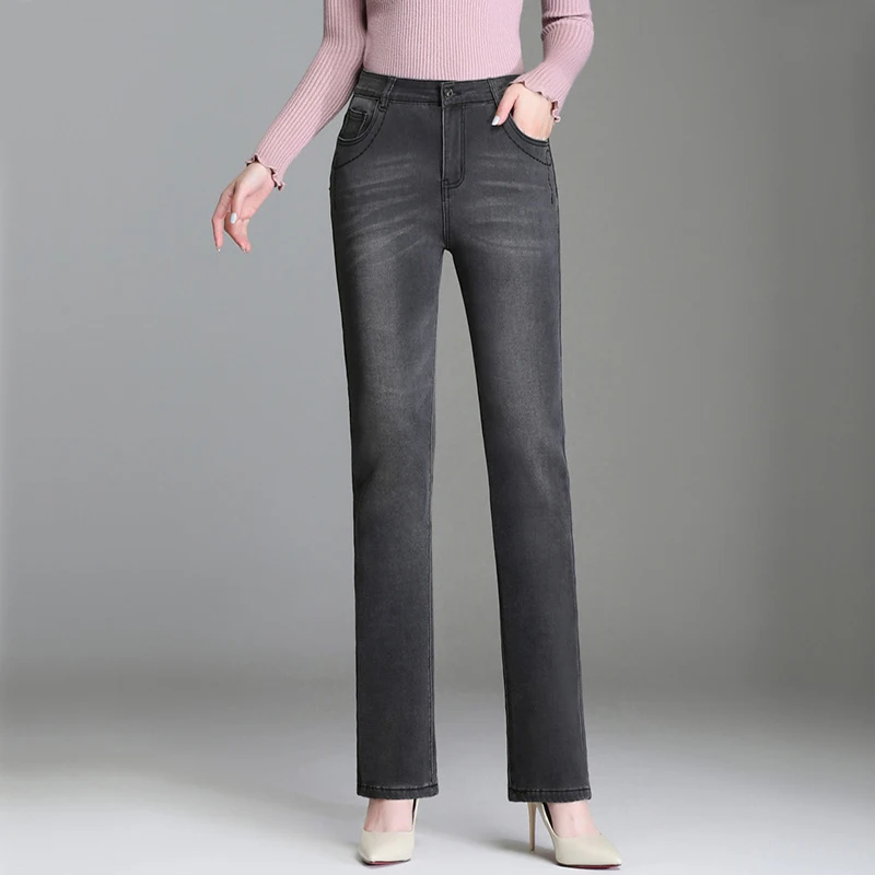 Джинсы женские с подкладкой из бархата стрейч денима прямые плотные облегающие