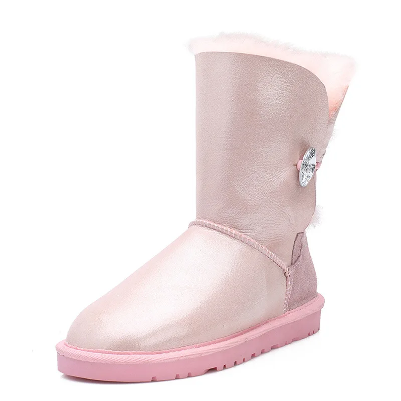 Pink Модные Классические австралийские зимние ботинки на натуральном меху; женская обувь на плоской подошве; теплые зимние ботинки из овечьей шерсти; женские ботинки на нескользящей подошве - Цвет: Pink