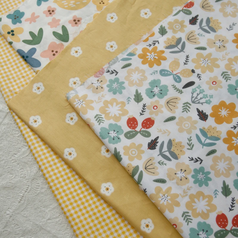 160x50cm Strawberry Yellow Pastoral Floral Twill Cotton Fabric Making Tablecloth Skirt Clothing Cloth